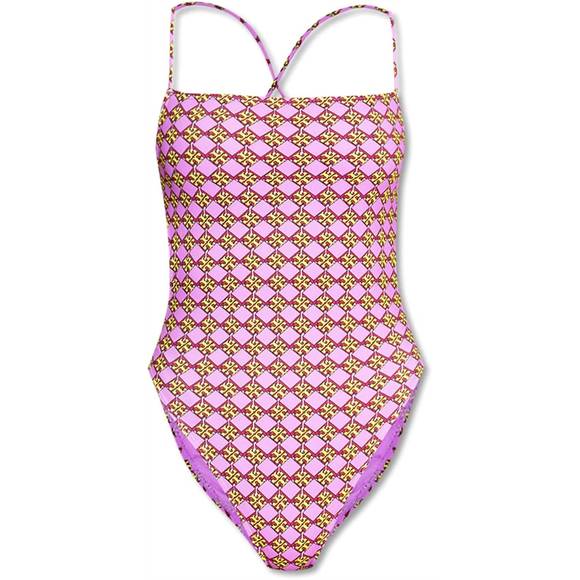 NEW TORY BURCH women's 3d drawstring back checkered one piece swimsuit in lavend - Picture 1 of 2